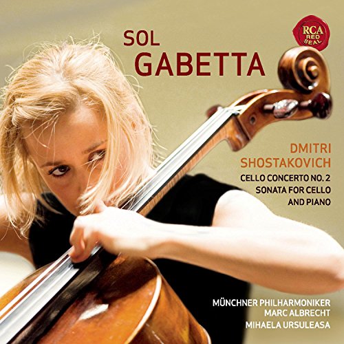 Cellist Sol Gabetta on album cover for Shostakovich cello works.