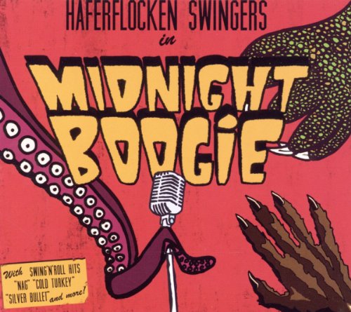 CD cover: red background with retro text, microphone, and monster hands.