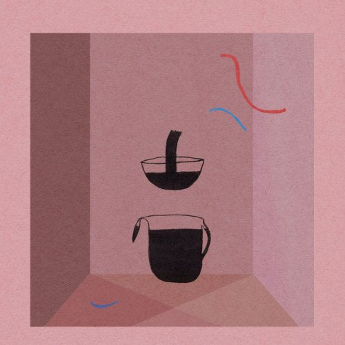 Abstract illustration of black containers on a pink and brown background.