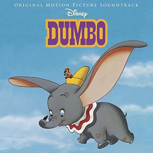 Dumbo the elephant flying with Timothy Mouse against a light blue cloudy sky.