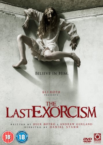 A girl in a white nightgown clings to a corner on The Last Exorcism DVD.