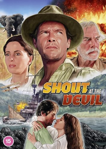 “Shout at the Devil” DVD cover with actors, a ship, and an elephant.