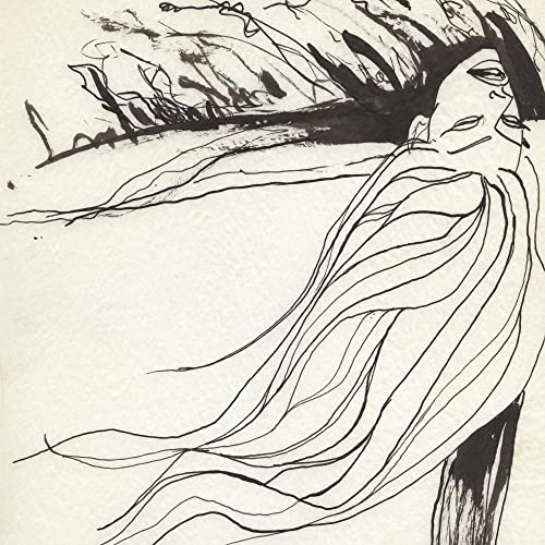 Black and white line drawing of a woman with flowing hair.