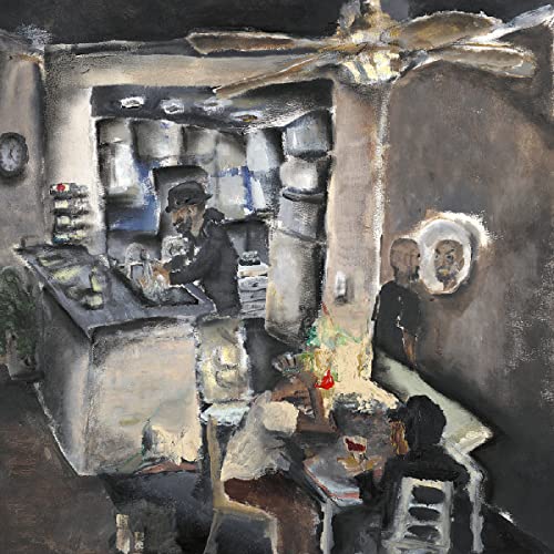 Painted album cover depicting people in a dimly lit, cluttered room.