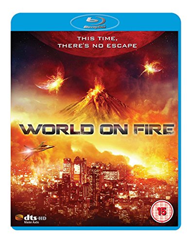 World On Fire" Blu-ray cover with fiery destruction and city skyline.