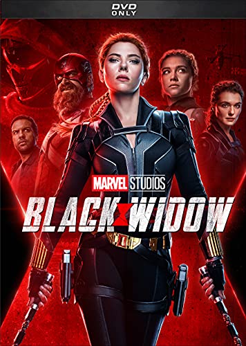 Black Widow DVD cover featuring Scarlett Johansson and other characters.