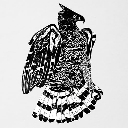 Black and white illustration of a crowned eagle with patterned feathers.