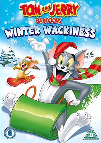 Tom and Jerry in winter attire, sledding and snowboarding.