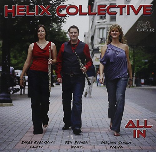 Three musicians walking down a city sidewalk, holding a flute and an oboe.