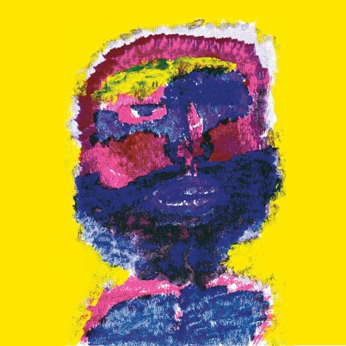 Abstract portrait in blue, pink, and yellow against a bright yellow background.
