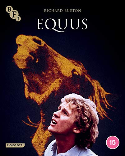 Blu-ray cover for Equus featuring a man looking up at a golden horse silhouette.