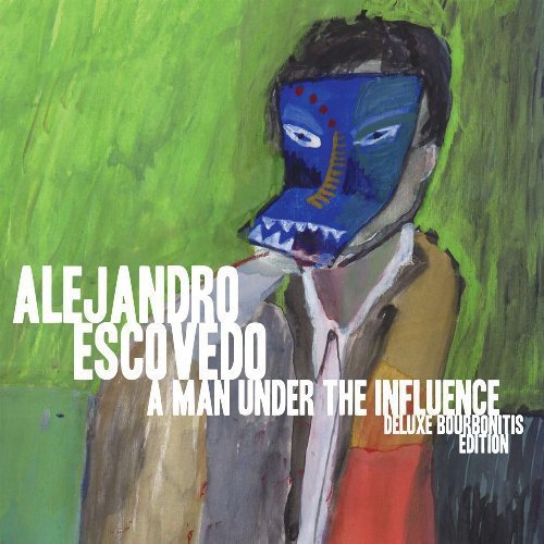 Painted portrait of a man with a blue, jagged-tooth mask, album cover.