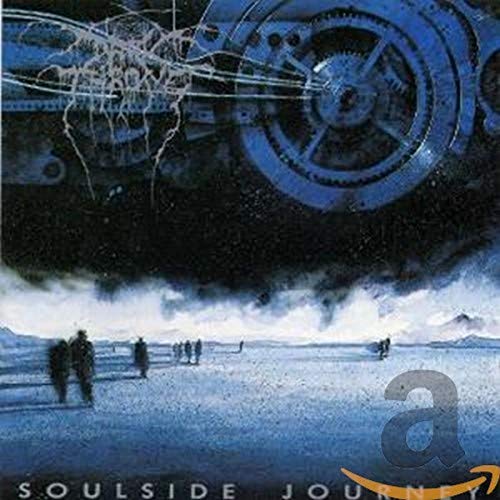 Darkthrone Soulside Journey album cover featuring blue mechanical gears over a desolate snowy landscape.