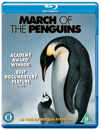 Blu-ray cover for "March Of The Penguins" featuring emperor penguins.