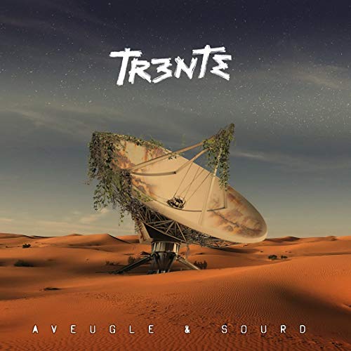 CD cover: desert landscape with a satellite dish and starry sky.
