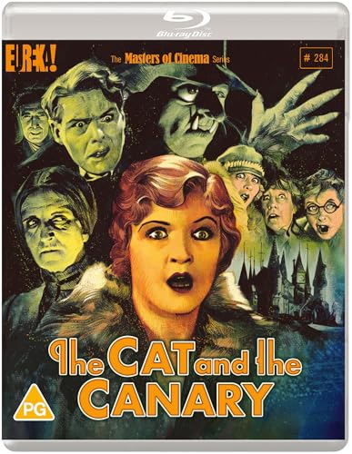 Blu-ray cover for "The Cat and the Canary" with frightened faces and a castle.