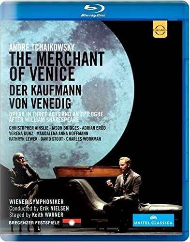 Blu-ray cover for "The Merchant of Venice" opera with two figures silhouetted.