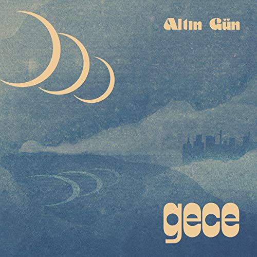 Altın Gün “Gece” vinyl record cover with moons, city, and swirling shapes.
