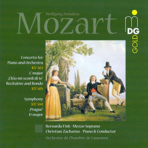 CD cover for Mozart’s piano concertos and “Prague” symphony, featuring a painting.