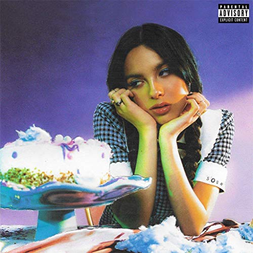 Olivia Rodrigo’s “Sour” album cover featuring a portrait and cake.