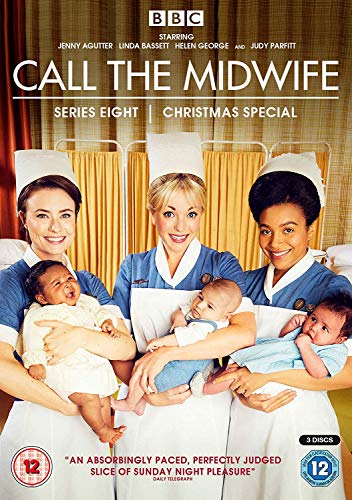 Three midwives in uniform holding infants on the Call the Midwife Series 8 DVD.
