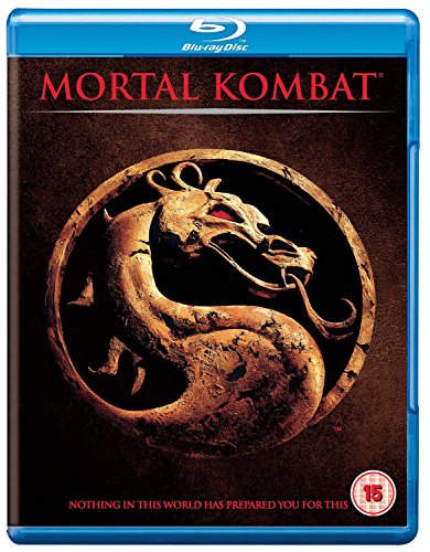 Mortal Kombat" Blu-ray case featuring a golden dragon emblem and blue trim.