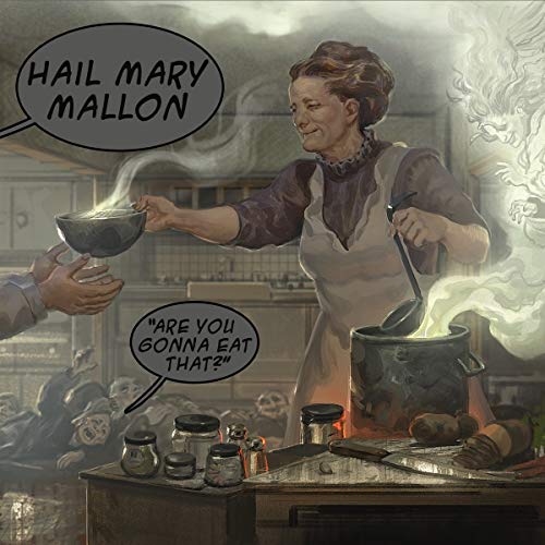 Painting of a cook offering food, with ghostly figures in the background.