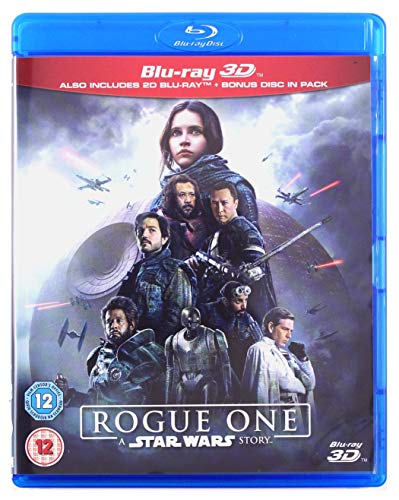 Rogue One" Blu-ray cover featuring a group of characters and the Death Star.