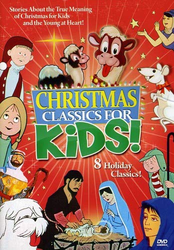 DVD cover featuring cartoon children and a Nativity scene for Christmas stories.