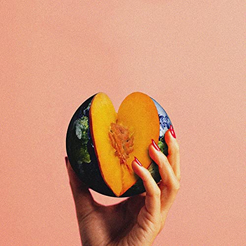 Hand holding a halved globe resembling a pumpkin against a pink background.