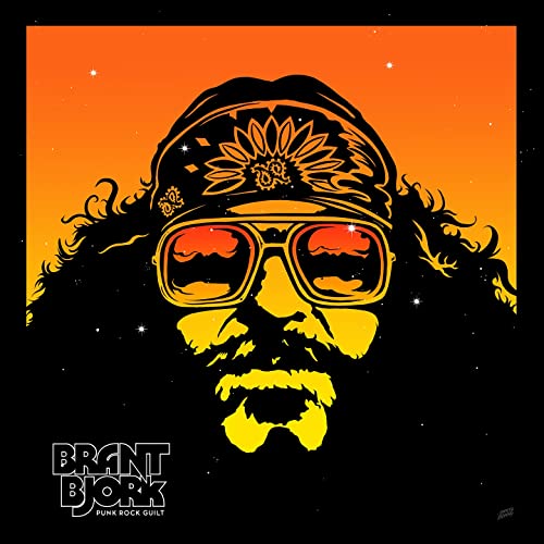 Orange and black illustrated portrait of a man with sunglasses and curly hair.