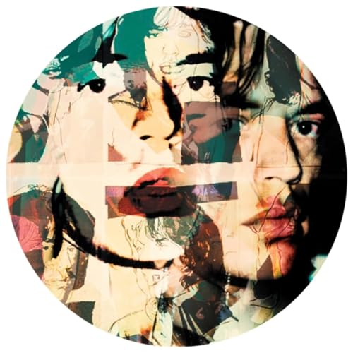 Collage of faces on a circular vinyl record, Rolling Stones album cover.