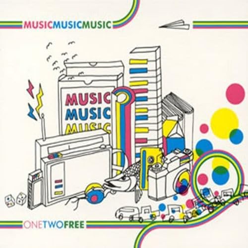 CD cover with colorful, stylized illustrations of music equipment and trains.