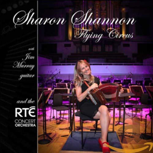 CD cover for Sharon Shannon’s “Flying Circus” featuring a musician with an accordion.