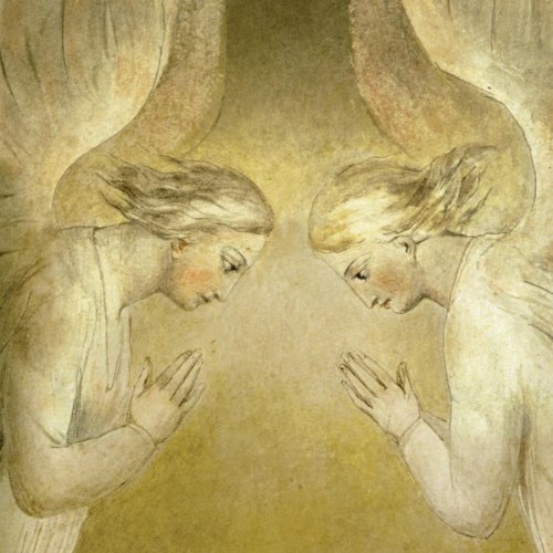 Two angels with folded hands face each other in a painting.
