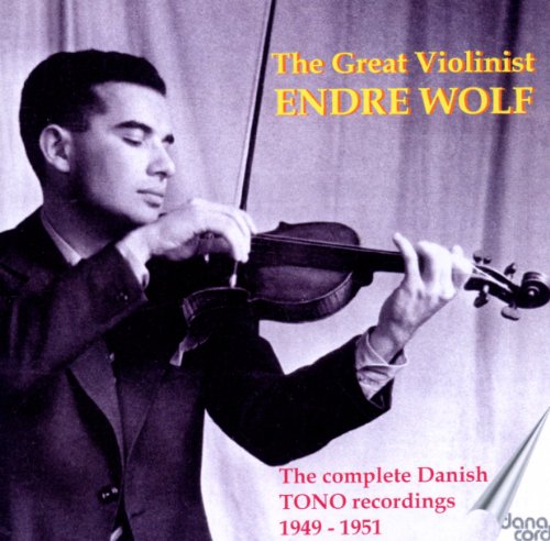 Black and white portrait of violinist Endre Wolf playing his instrument.