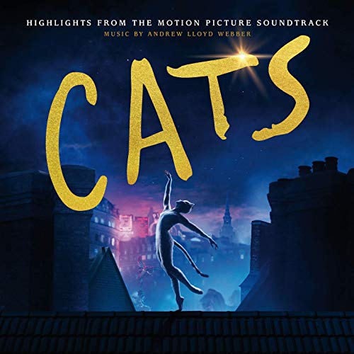 “Cats” movie soundtrack CD cover with golden text and a silhouetted dancer.