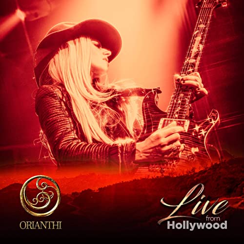 Orianthi playing a red electric guitar on stage, album cover.
