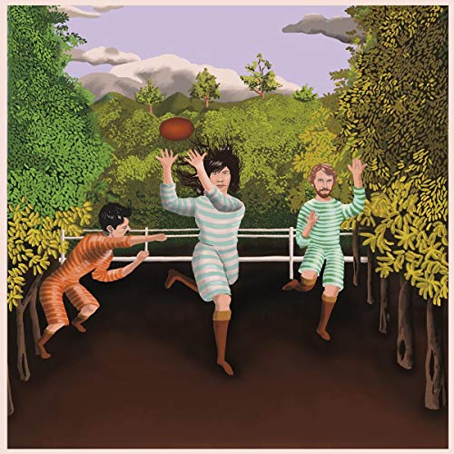 Painted album cover depicting three people playing with a ball outdoors.