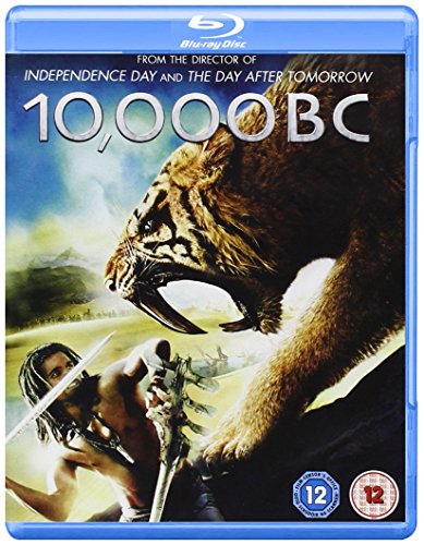 10,000 BC" Blu-ray cover featuring a saber-toothed tiger and a hunter.