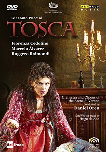 DVD cover for Giacomo Puccini’s opera *Tosca*, featuring a dramatic portrait.