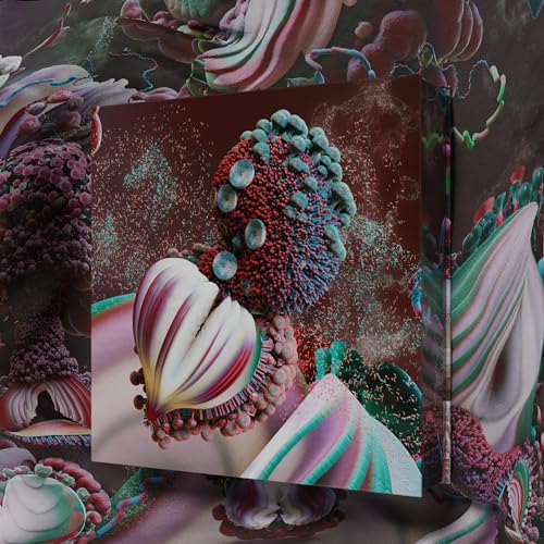 Bjork Fossora vinyl cover featuring abstract, organic, mushroom-like textures in red, green, and white.
