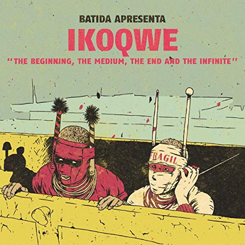 Album cover with illustrated figures wearing masks and antennas, desert landscape.
