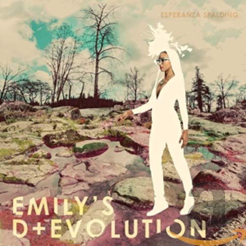 Esperanza Spalding album cover: woman in white amidst a rocky landscape.