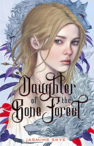 Book cover: woman with long blonde hair, wolf imagery, ornate title.