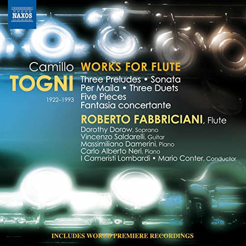 CD cover for Camillo Togni’s “Works for Flute” featuring a blue abstract design.