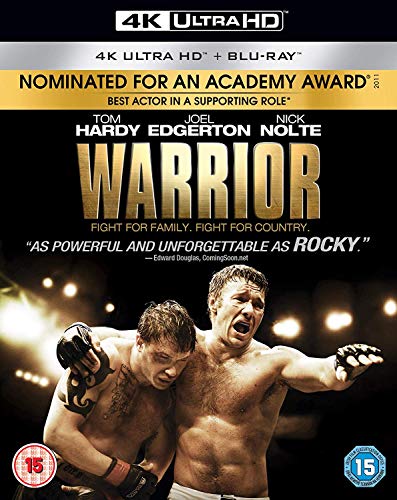 “Warrior” Blu-ray cover with two fighters in a grappling hold.