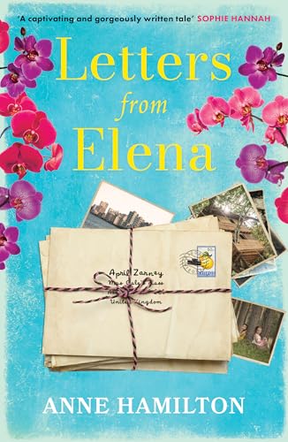 Book cover with blue background, pink orchids, tied letters, and small photographs.