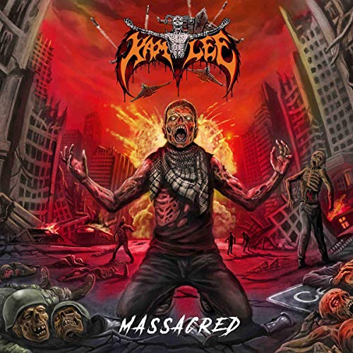 Album cover for Kam Lee’s “Massacred” depicts zombies amidst a destroyed city.