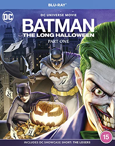 Batman, Catwoman, and Joker on Blu-ray cover with a carved pumpkin.